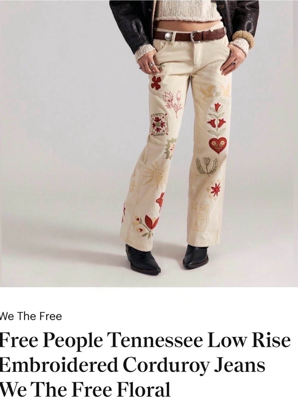 We The Free Tennessee low rise Corduroy  with embroidery flowers hearts cats sun
